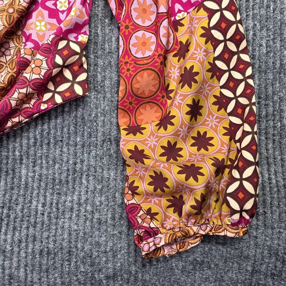 Anthropologie DREW Shirt Women M Pink Cropped Floral Boho Patchwork Artsy Retro - Picture 5 of 12